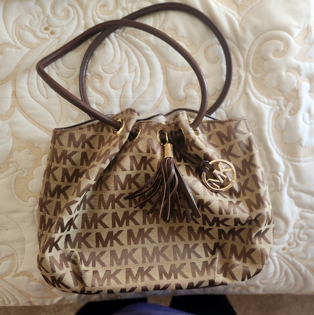 Michael Kors Tan and Brown Logo Shoulder Bag